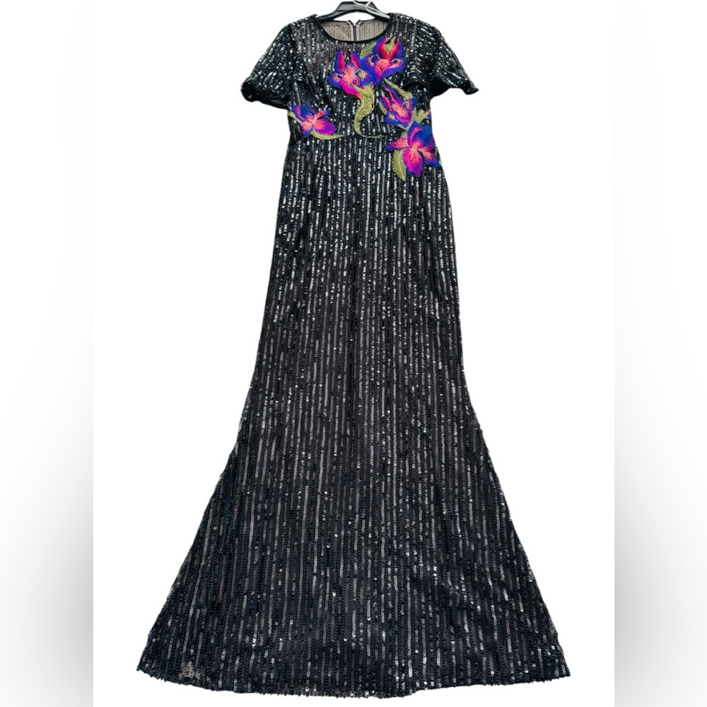 MARCHESA NOTTE***Sequin Black Gown with Floral Accents***US 6 $895